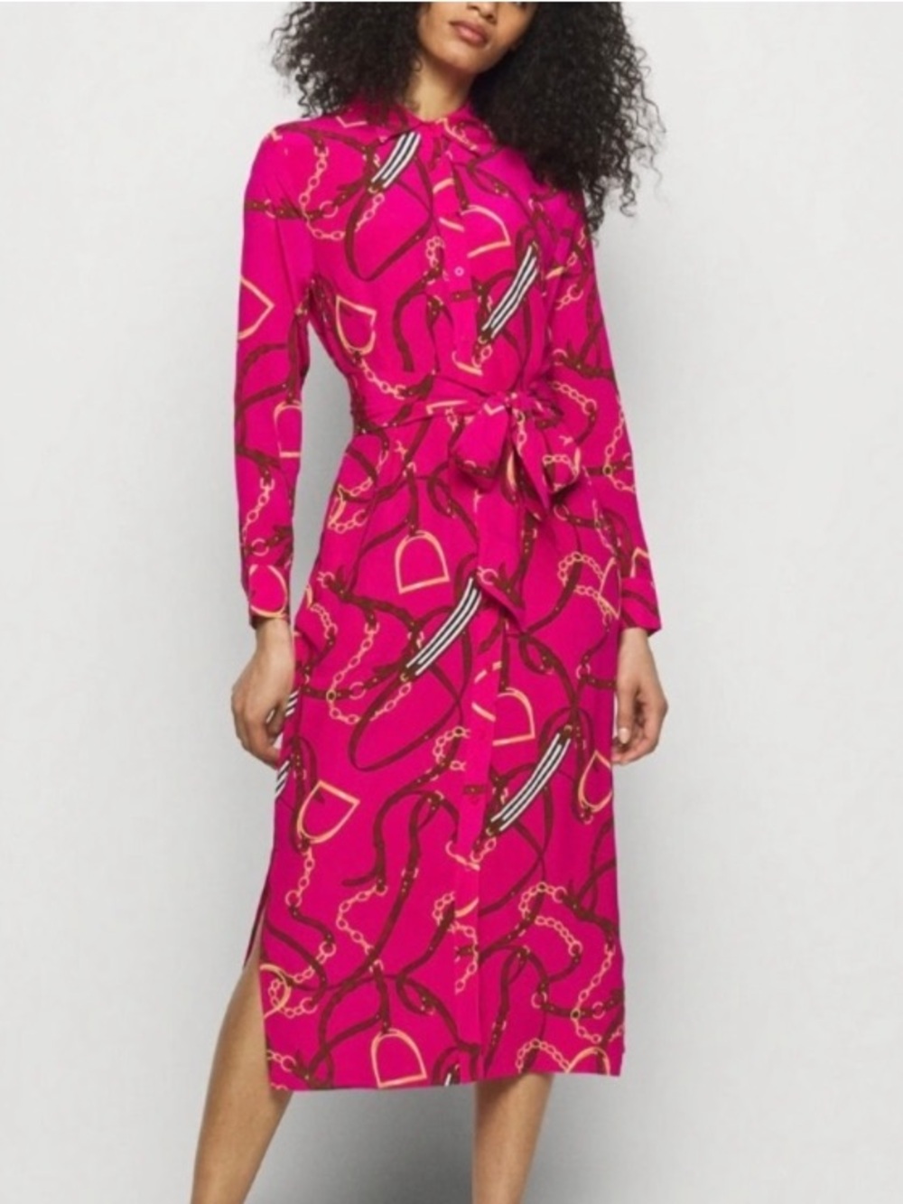 LAUREN RALPH LAUREN Feyella Pink Silk Horse Bit Equestrian Print Shirt Dress